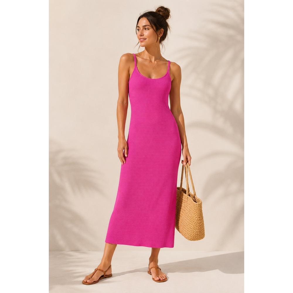 Privacy Please Midi Dress Womens M Pink Textured Knit Summer Beach Vacation NEW